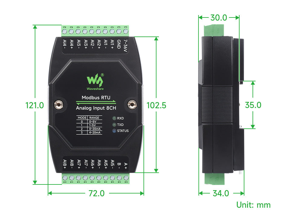 Waveshare Industrial 8-Ch Analog Acquisition Module, 12-bit High-precision, Supports Voltage And Current Acquisition Waveshare Industrial 8-Ch Analog Acquisition Module, 12-bit High-precision, Supports Voltage And Current Acquisition